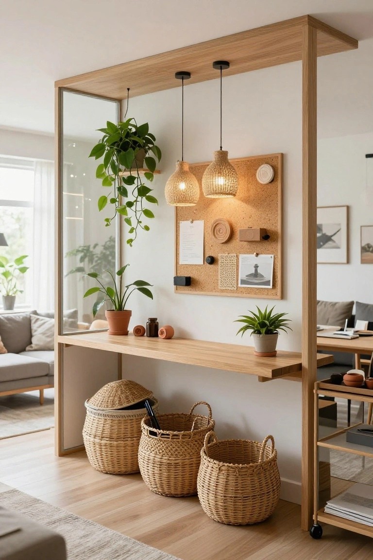 Oak wood framed glass partition in a light interior with integrated desk shelf, hanging plants, rattan lamps, corkboard, potted plants, and woven baskets stored below.
