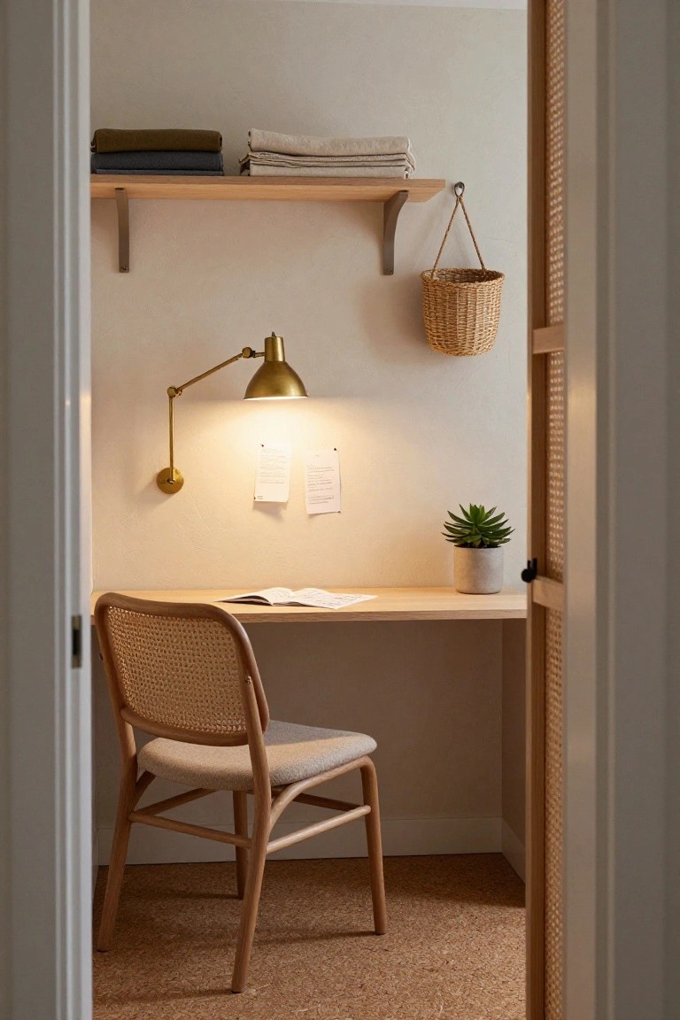 A cozy home office nook with a wooden desk holding an open book, rattan-backed chair with light upholstery, wall-mounted brass swing-arm lamp, open shelves stocked with folded linens and blankets, hanging rattan basket, pinned notes on wall, potted succulent, cork flooring, and louvered doors in the background.