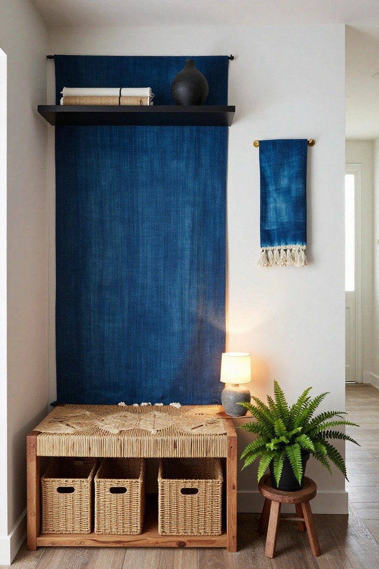 Indoor corner with rattan-topped wooden bench containing wicker basket storage underneath, blue indigo fabric wall hanging, black shelf holding vase and rolled towels, table lamp, fern plant in black pot on stool, and hardwood floor.