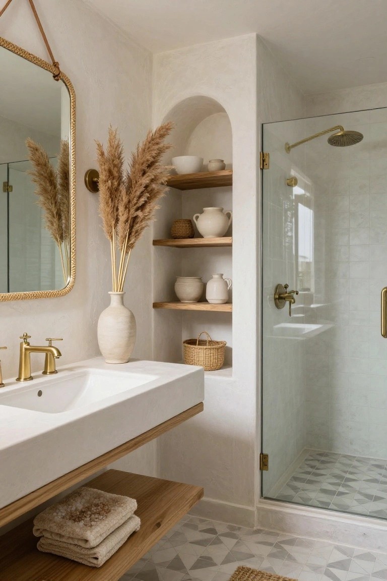 A bathroom with white walls, a floating white vanity and gold faucet, round gold mirror with rope trim, tall pampas grass in a white vase, and an arched glass shower with wood shelves holding white pottery and baskets on white subway tile with geometric gray floor tiles.