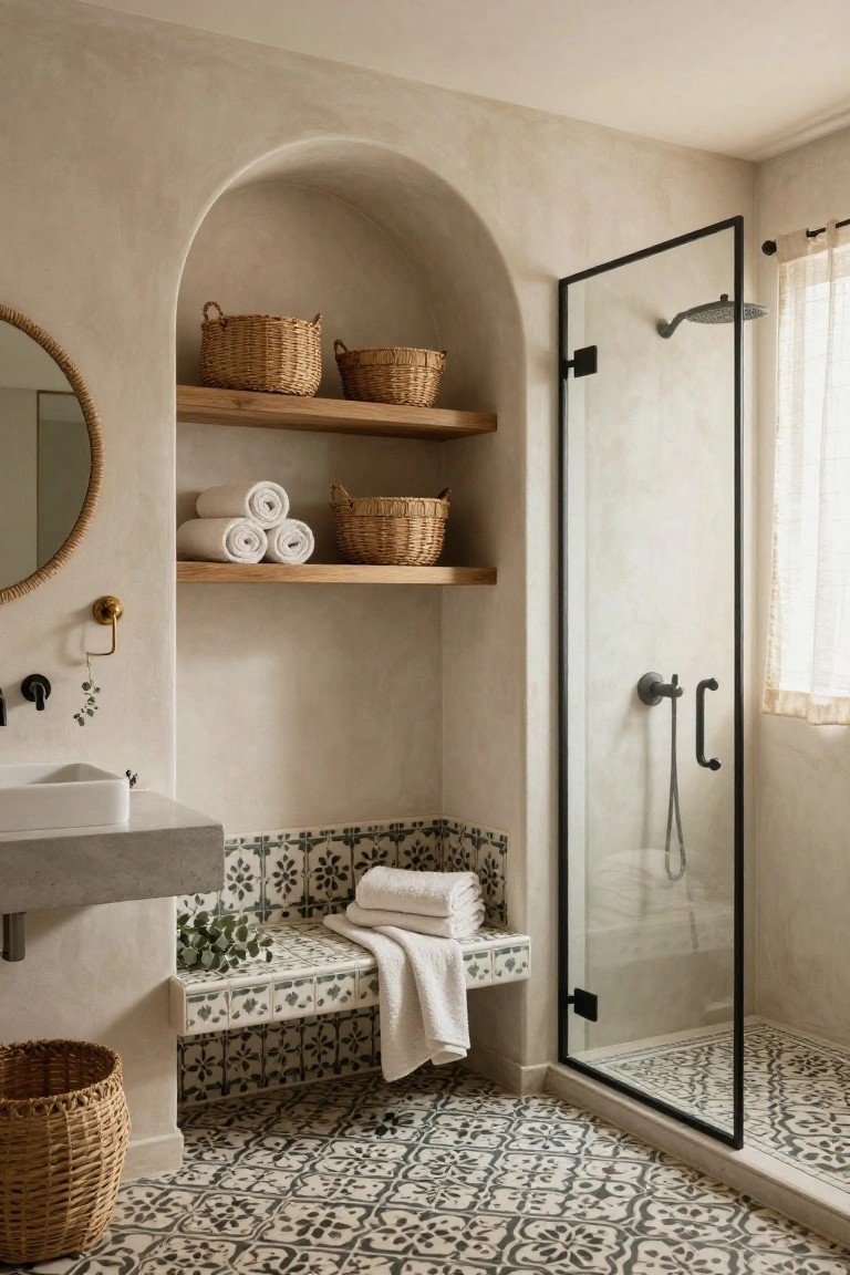 A bathroom with beige plaster walls, a curved arch recess containing wooden shelves with woven baskets and rolled towels, a black-framed glass shower enclosure, a tiled bench seat inside the shower, a concrete sink, and patterned tile flooring.