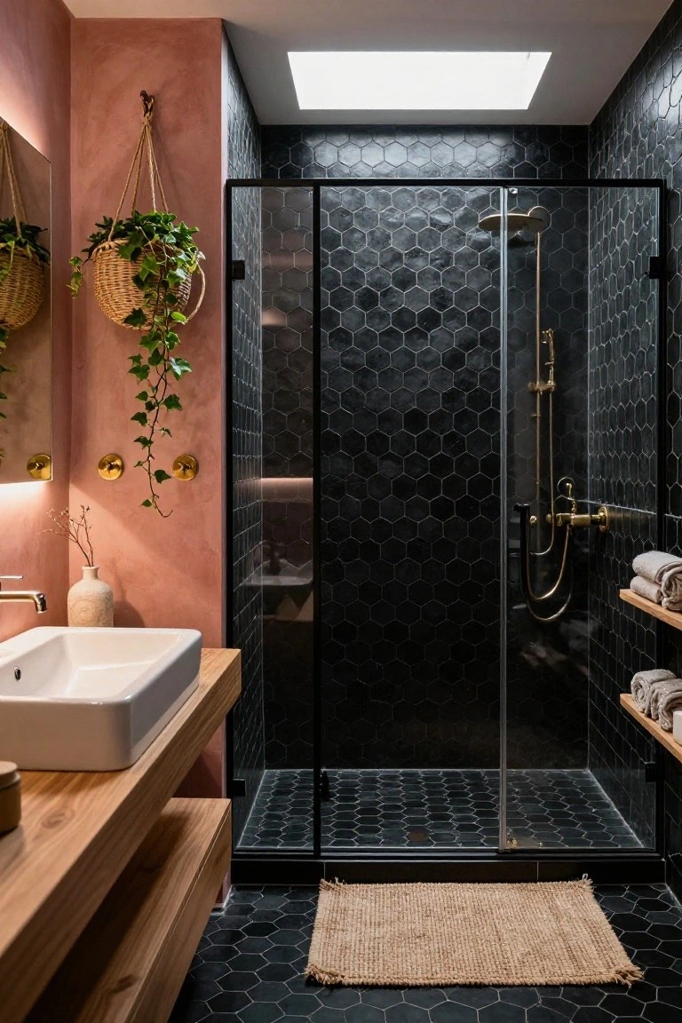 Bathroom interior with black hexagonal tiles on shower walls and floor, glass shower enclosure, wooden vanity with white sink, hanging plants, and seagrass rug.