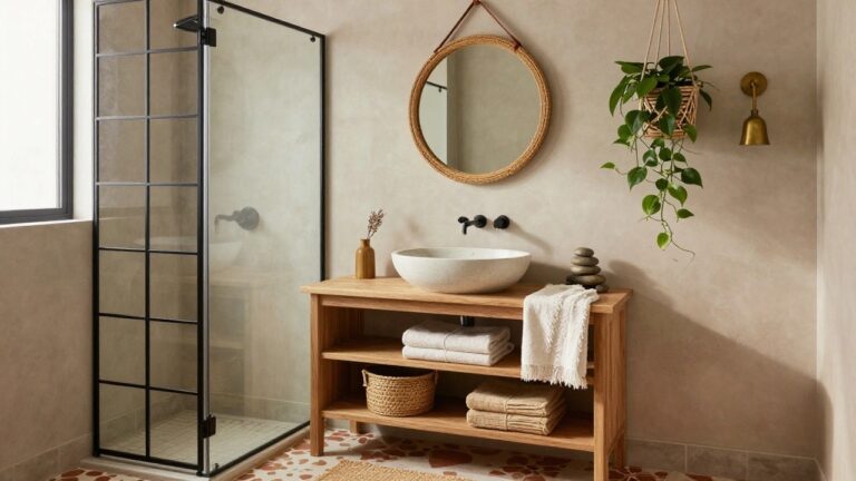 White bathroom with black-framed corner glass shower, brass showerhead, freestanding wooden vanity holding oval white sink, open shelves with folded towels and woven baskets, round rattan mirror, hanging plant, and terracotta tile floor.
