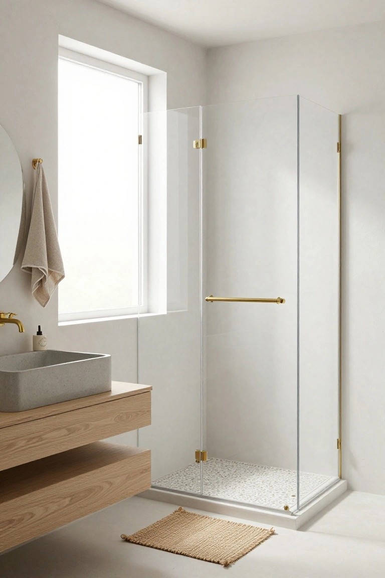 White minimalist bathroom with floating oak wood vanity holding a gray concrete sink, glass shower enclosure with white pebble tile floor, round mirror with beige towel, gold fixtures, and seagrass rug on tile floor.