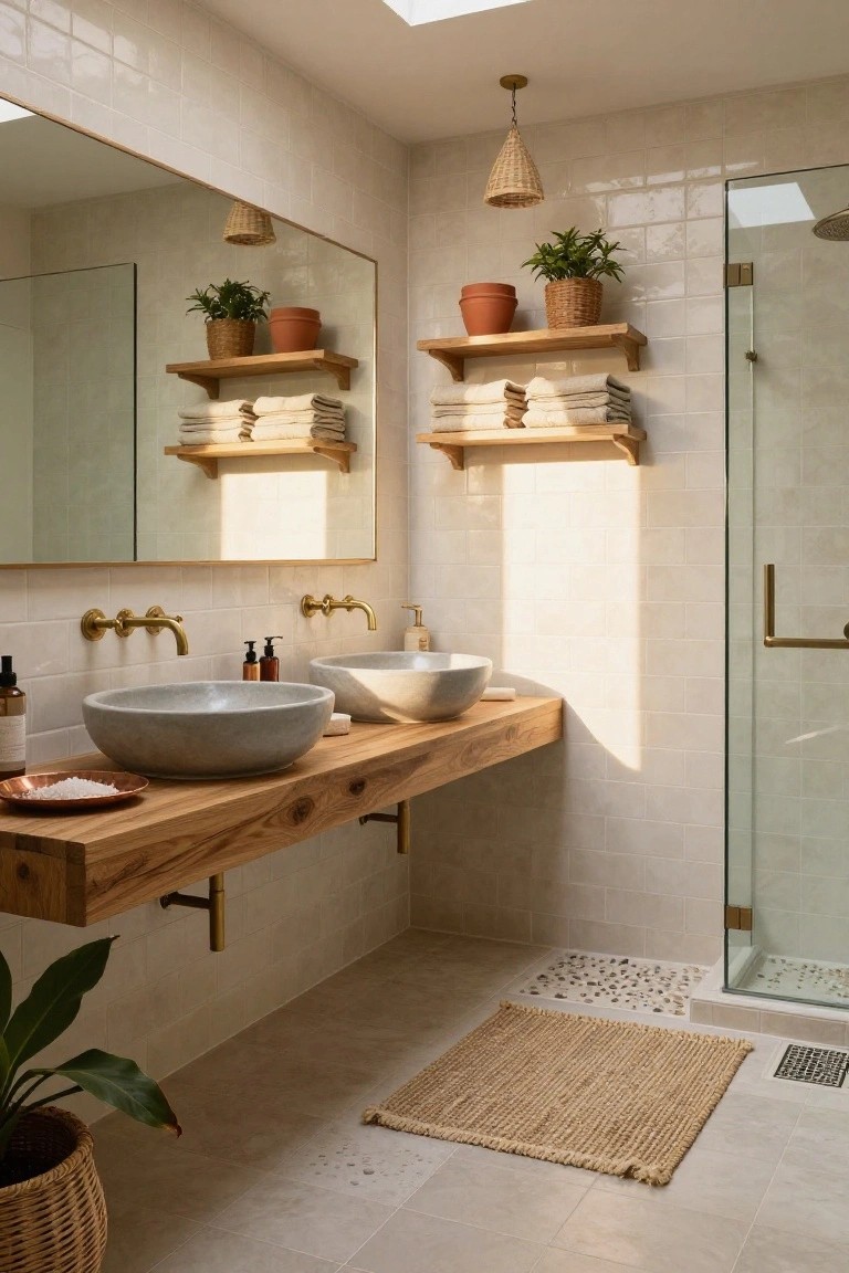 Bathroom interior with floating wooden vanity slab supporting two gray stone vessel sinks, brass wall faucets, white subway tile walls and shower enclosure, wooden shelves holding plants and folded towels, potted plants, seagrass rug, and skylight.