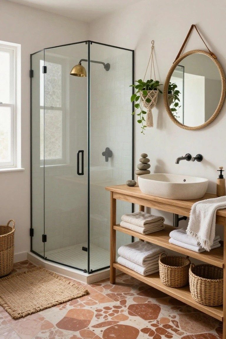 White bathroom with black-framed corner glass shower, brass showerhead, freestanding wooden vanity holding oval white sink, open shelves with folded towels and woven baskets, round rattan mirror, hanging plant, and terracotta tile floor.