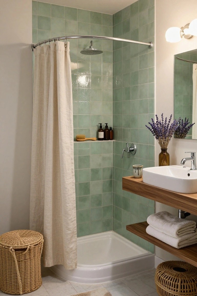 Small bathroom with mint green subway tiles on shower walls, white linen shower curtain, wooden floating vanity with white sink, lavender bouquet on shelf, soap bottles in niche, and woven rattan baskets on floor.