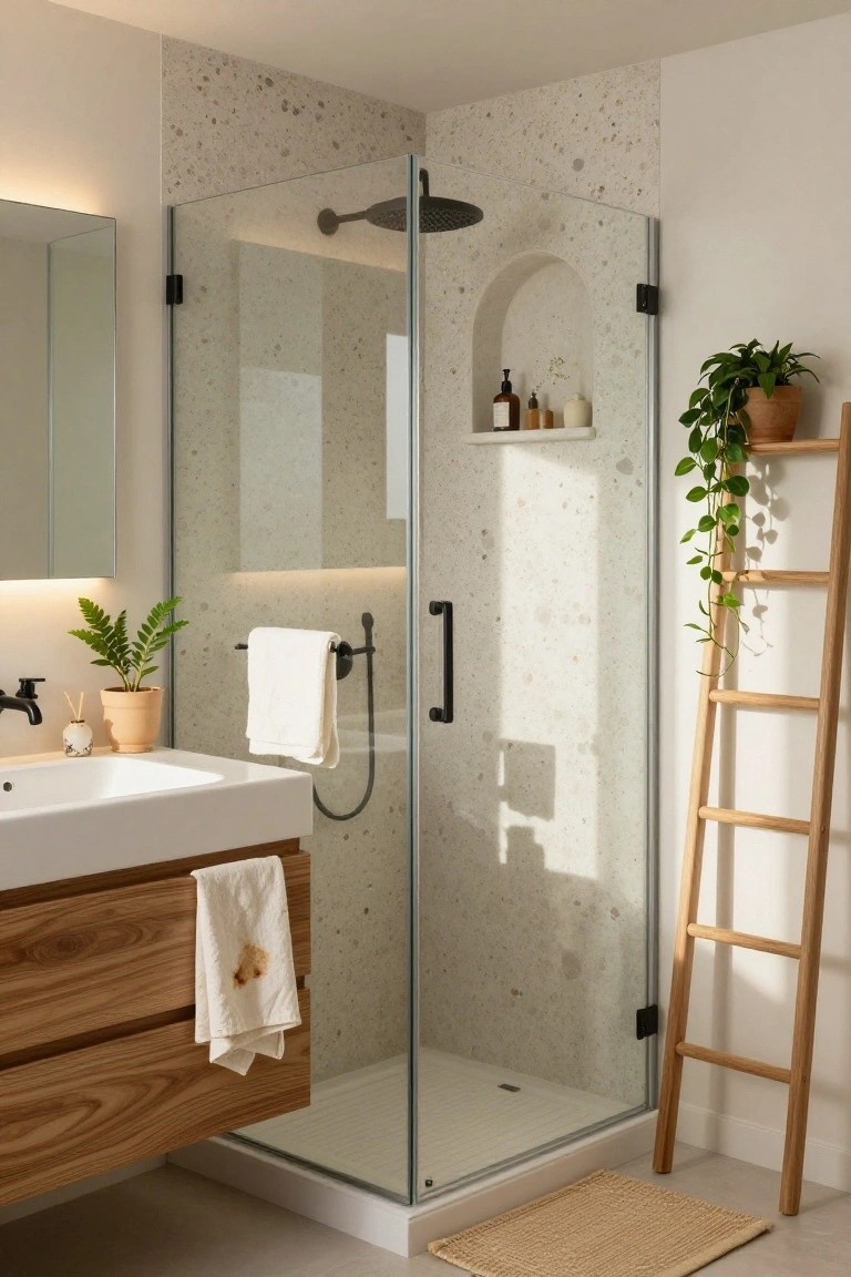 Corner bathroom with glass shower enclosure on terrazzo tiled walls, wooden vanity with towels draped over it, leaning wooden ladder shelf beside the shower holding plants, ferns on a shelf, and a woven floor mat.