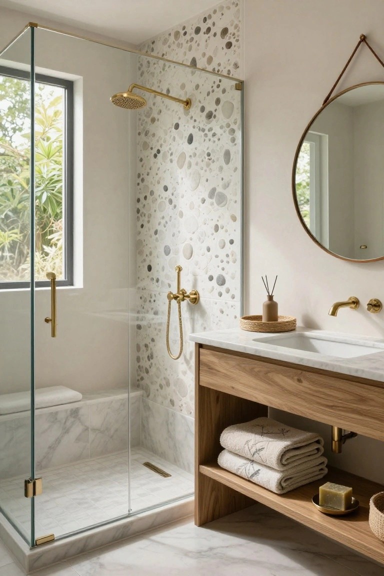 A bathroom with a glass shower enclosure featuring a pebble mosaic tile accent wall, wooden vanity topped with white marble sink, round hanging mirror, gold fixtures, and plants near a window with greenery outside.