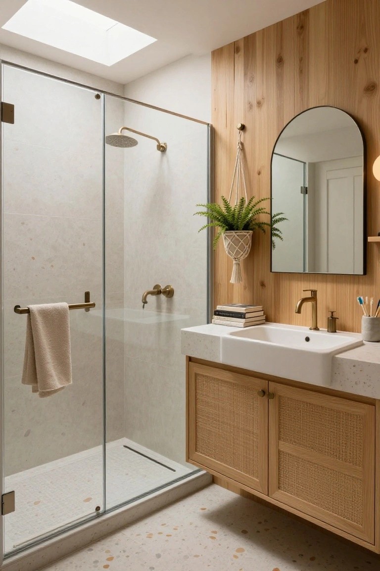 Bathroom interior featuring a frameless glass shower with white tile walls, brass showerhead, towel bar with beige towel, white farmhouse sink on low wooden vanity with rattan doors, arched black mirror on vertical wood-plank wall, hanging macrame plant, skylight ceiling, and speckled terrazzo floor.