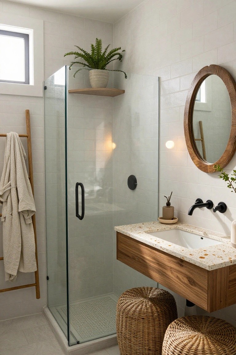 A compact bathroom with white subway tile walls, floating wooden vanity with terrazzo countertop and sink, two rattan stools underneath, glass shower enclosure, plants, towel ladder, and round wooden mirror.