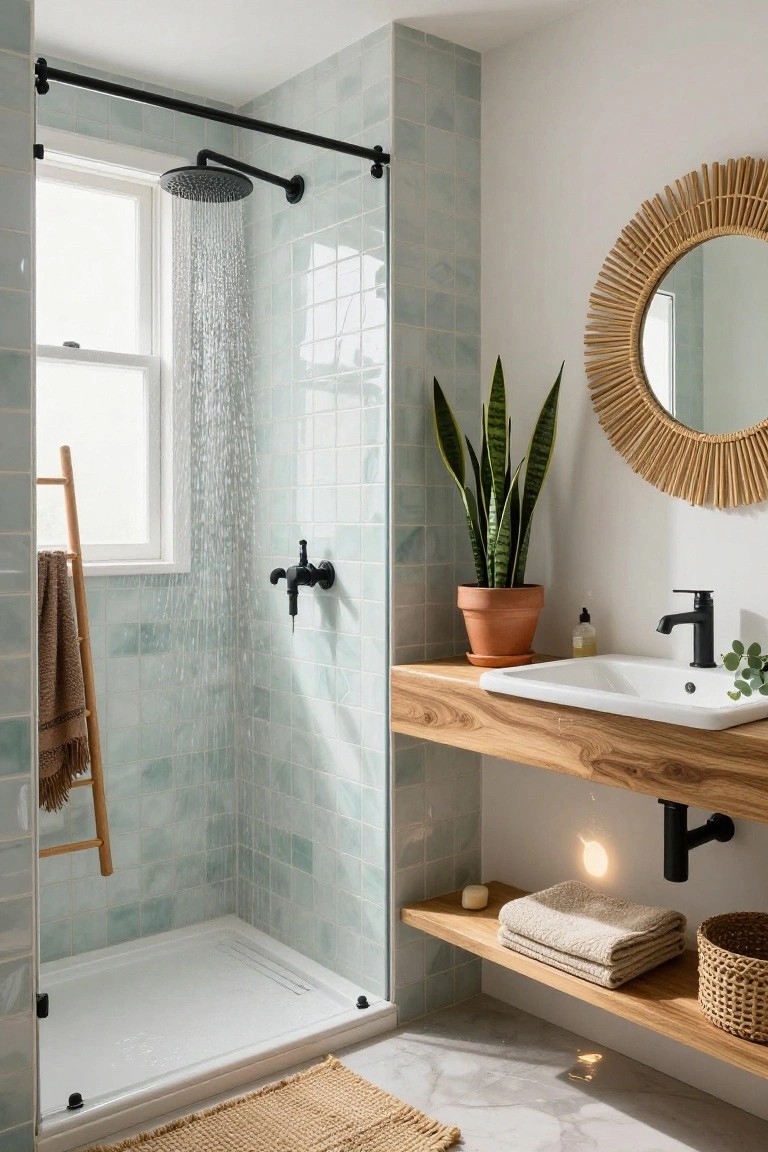 A bathroom with a glass-enclosed shower featuring light teal subway tiles and black fixtures, a floating live-edge wooden vanity holding a white undermount sink, a snake plant in a terracotta pot, round rattan mirror, wooden ladder towel rack, and woven basket on a light gray floor.