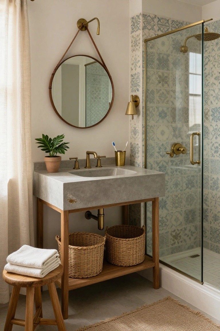 Bathroom with gray concrete sink on open wooden vanity stand holding two woven baskets, round mirror with leather strap, potted plant, toothbrush holder, and glass shower with blue patterned tiles.