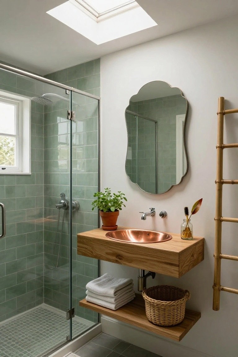 Compact bathroom with pale green subway tiles on walls and in glass-enclosed shower, floating wooden vanity with copper sink, arched metal mirror, potted herbs, bamboo towel ladder, and skylight above.