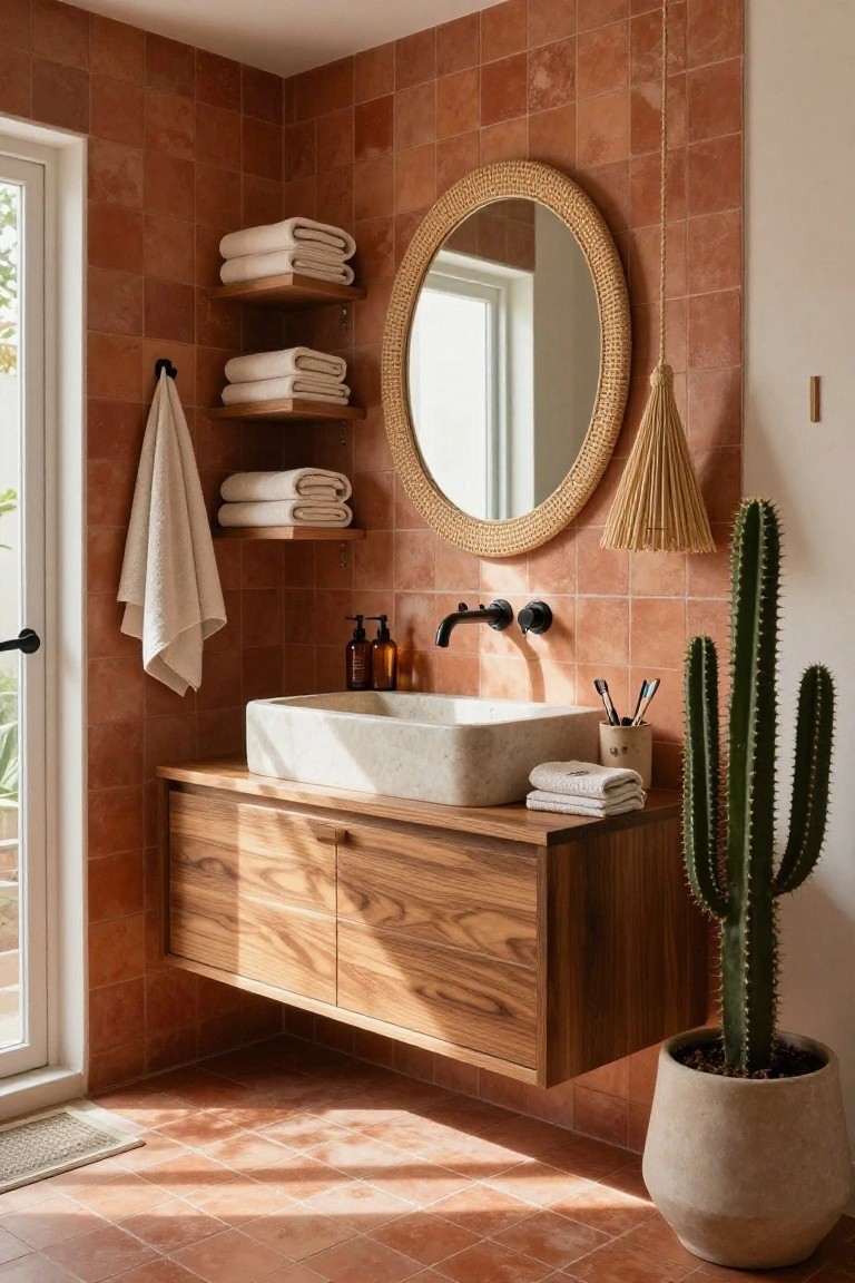 Bathroom with terracotta tiles on walls and floor, floating wooden vanity with white stone sink, round rattan mirror above shelves of folded white towels, potted cactus plant, black faucet, and glass door with greenery outside.