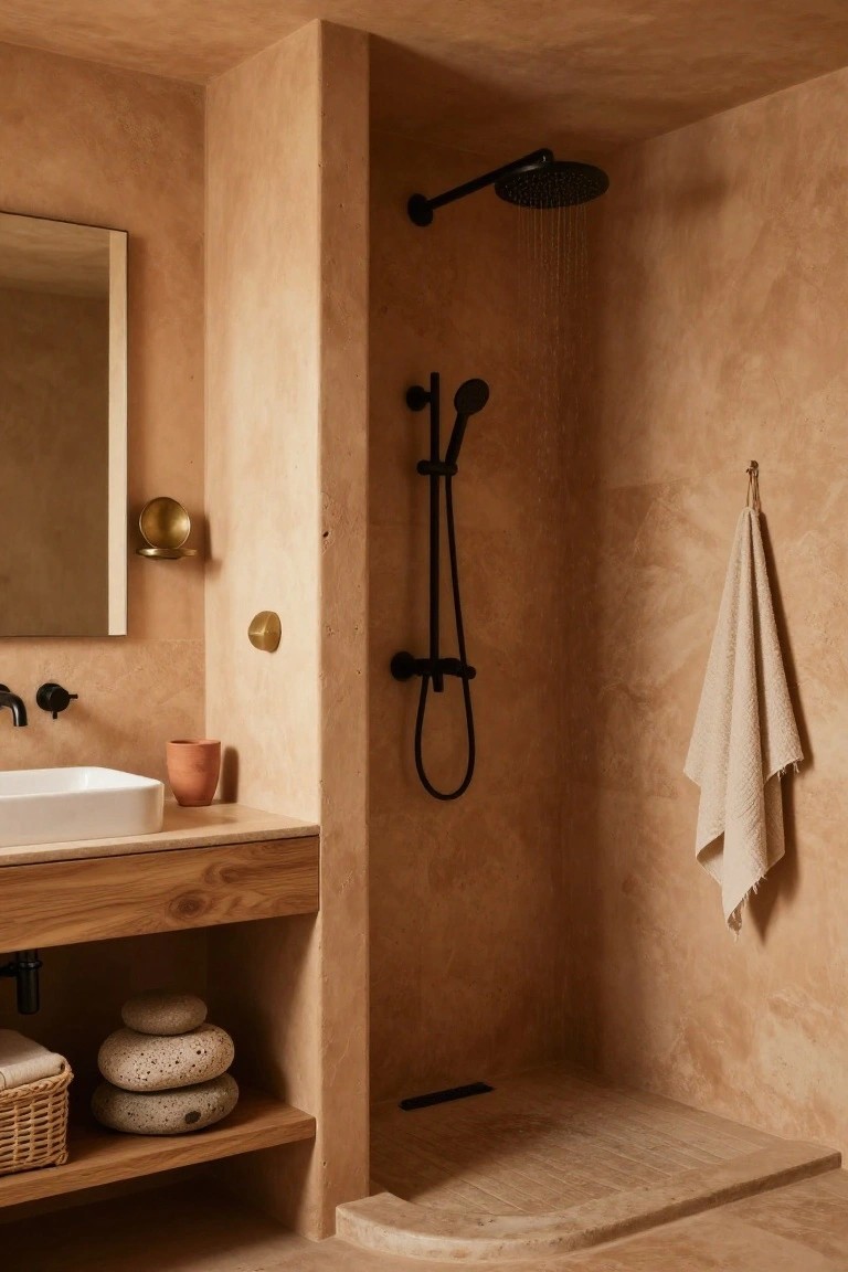Beige textured plaster walls in a bathroom with wooden vanity, white rectangular sink, black matte fixtures, rainfall showerhead, hanging white towel, and stacked stones under the sink.