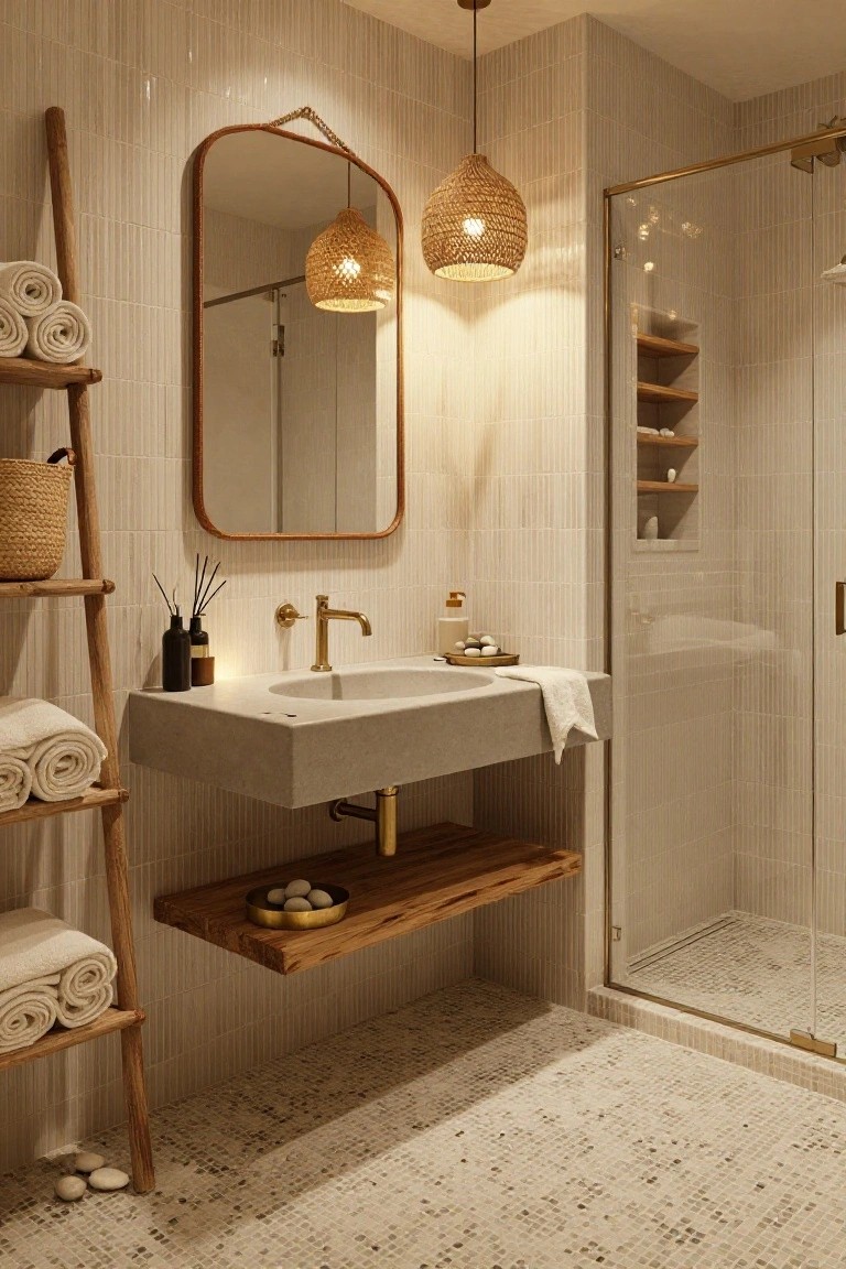 A bathroom with light beige vertical tiles, floating gray concrete sink with brass faucet, glass shower enclosure, two wooden ladders holding white towels and a rattan basket, rattan pendant lights, and a floating wood shelf with decorative stones.