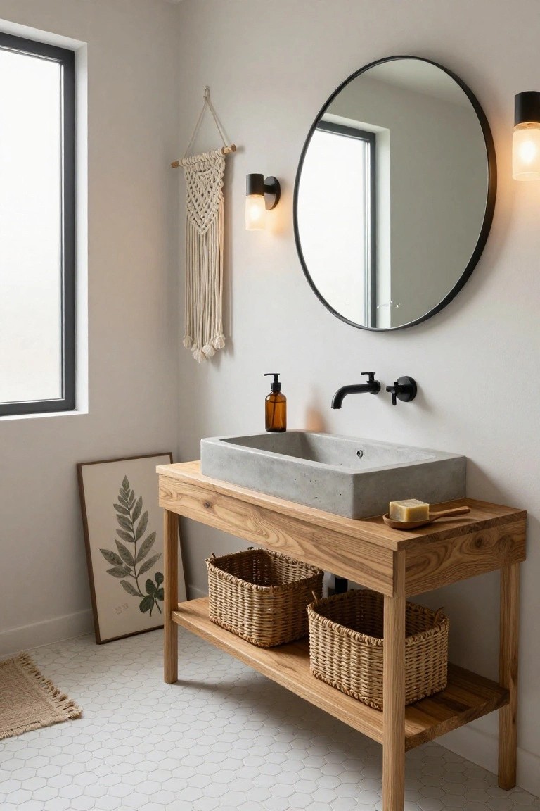 Bathroom interior with light gray walls, black-framed window, round black mirror, wall sconces, macrame hanging, framed leaf artwork, wooden vanity topped by concrete sink with faucet, amber bottles, woven baskets on open shelves, and hexagonal white tile floor.