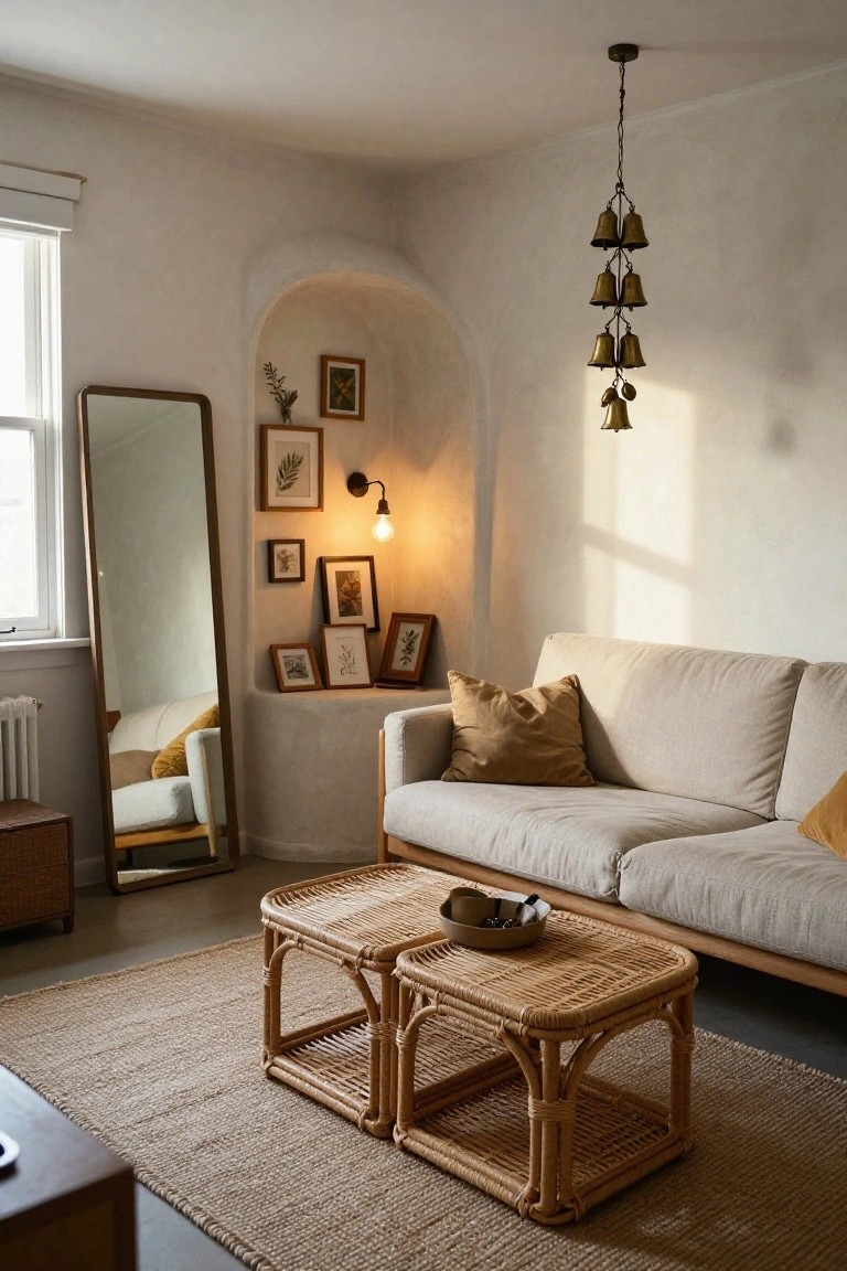 Beige living room with curved arched plaster niche displaying small framed botanical prints, a potted plant, and wall lamp, alongside a cream sofa with mustard pillows, rattan coffee table on seagrass rug, full-length wood mirror, brass bell chandelier, and radiator.
