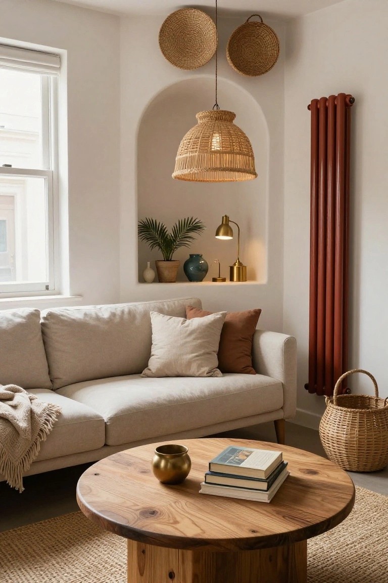A small living room corner with a light beige sofa, round wooden coffee table on a jute rug, arched white wall niche holding plants pottery and lamps, red column radiator, and woven rattan baskets on walls and floor.