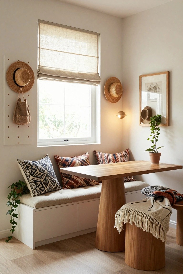 Corner indoor seating area with white built-in bench, wooden pedestal table, assorted colorful cushions, potted plants, hanging straw hats, and linen window shade.