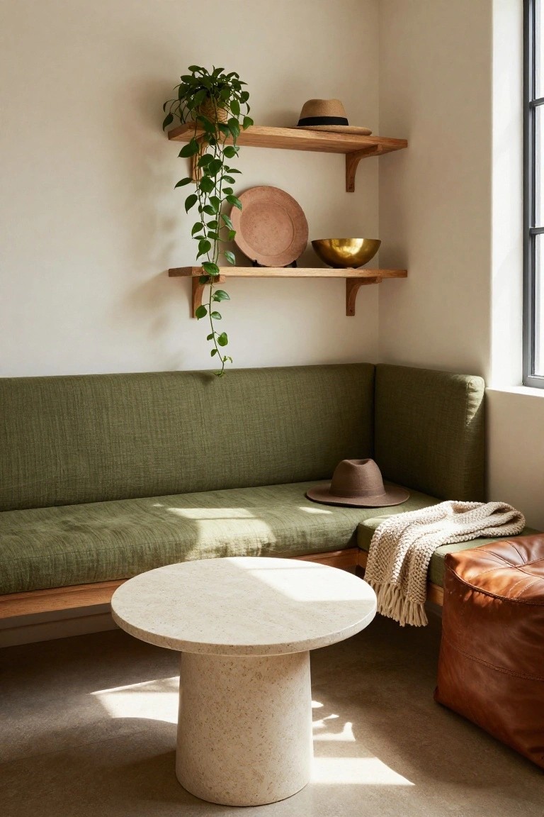 Corner of a living room with light walls, wooden shelves holding a potted plant, tan hats, a terracotta plate, and gold bowl, a green fabric L-shaped sofa, beige knit throw, brown leather ottoman, and round white stone pedestal table near a window.
