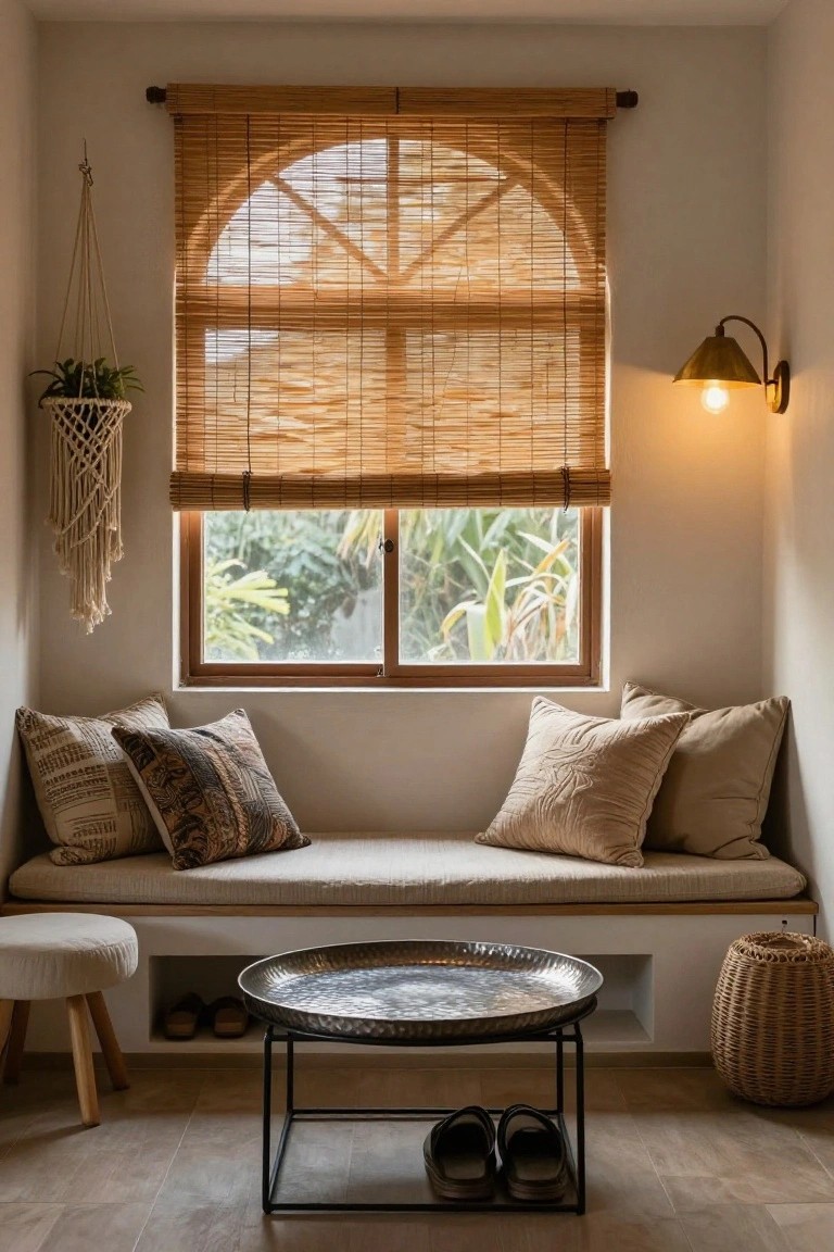 Small indoor nook featuring a light wood built-in bench under an arched window covered in bamboo blinds, with assorted pillows, a brass tray table holding slippers, a macrame plant hanger, footstool, and woven basket on a light wood floor.