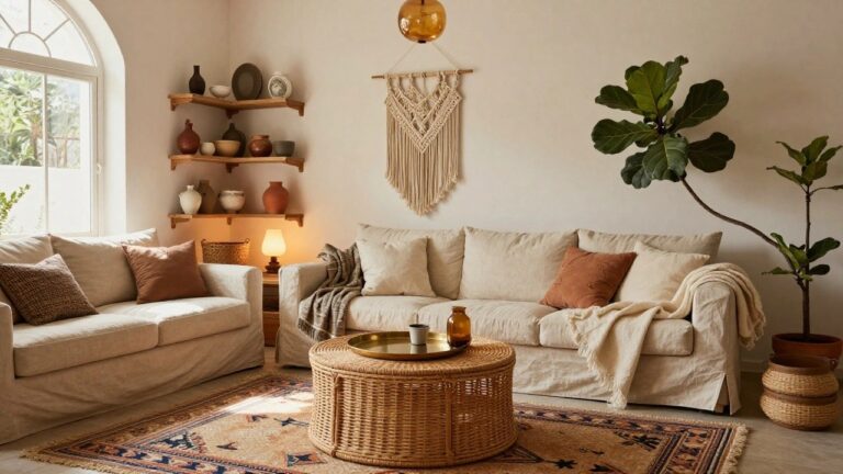 Cozy living room corner featuring a cream slipcovered sofa with pillows and throw, round rattan coffee table with brass tray, macrame wall hanging with amber pendant light, potted plants, shelves with pottery, and patterned rug.