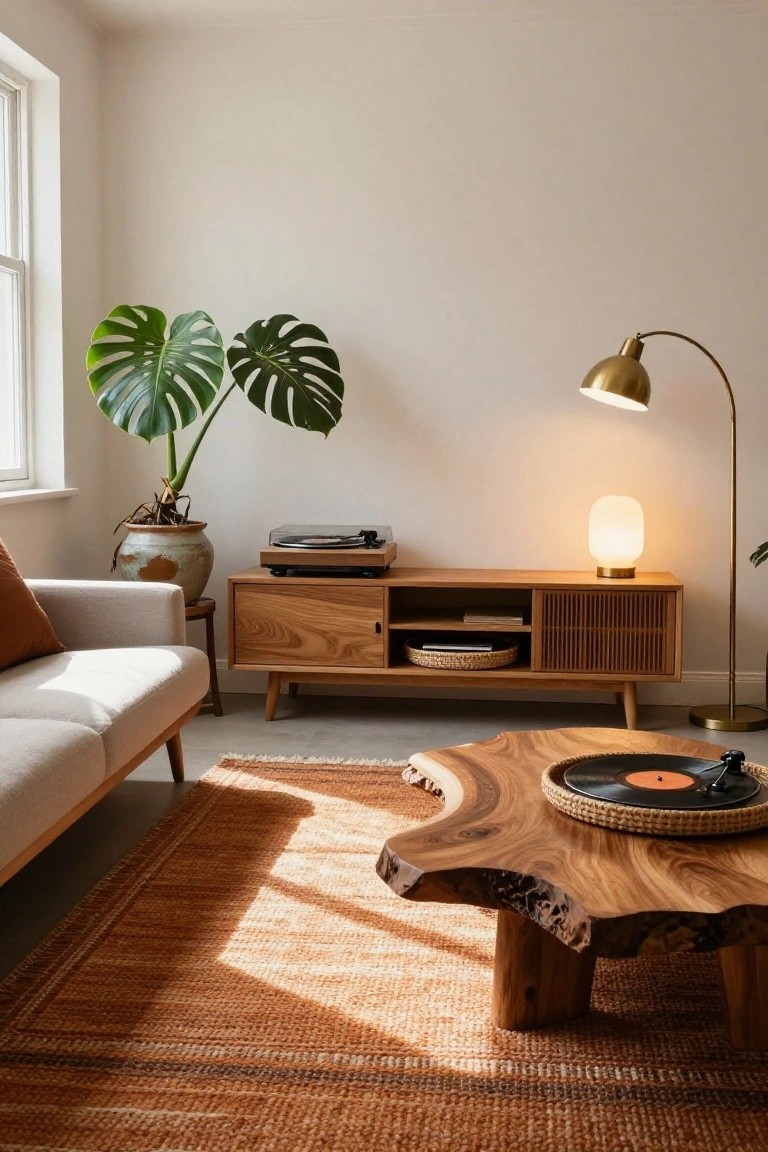 Cozy living room with live-edge wood coffee table on woven rug, wooden credenza holding turntable, large potted monstera plants, beige sofa, and gold arched floor lamp against white walls.