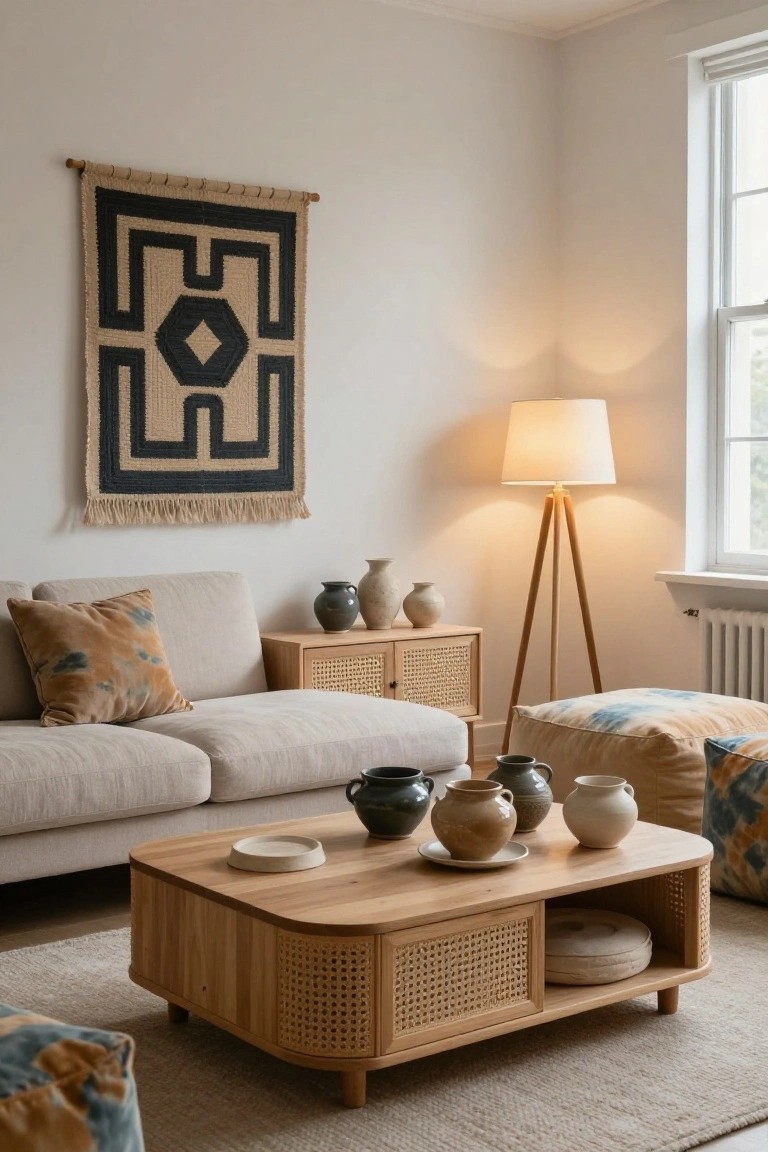 A small living room with a light beige sofa, oval wooden coffee table featuring rattan side panels and storage compartments, scattered pottery on surfaces, tripod floor lamp, woven wall tapestry, and colorful floor poufs on a light rug.