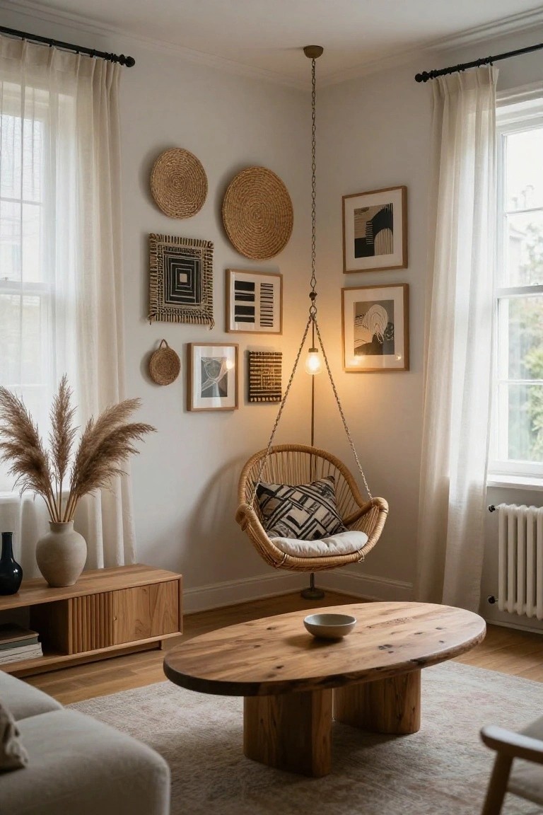 A small living room corner with a rattan hanging egg chair, woven baskets and abstract art on beige walls, tall pampas grass in a vase on a wooden console, oval wooden coffee table, and sheer curtains on two windows.