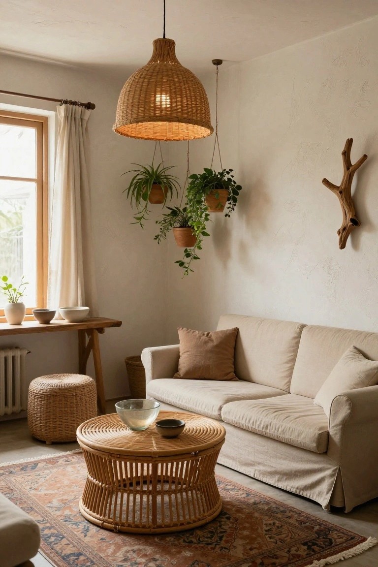 Small cozy living room with beige slipcovered sofa, round rattan coffee table holding bowls, large woven pendant light, hanging potted plants, wooden side table by window with ceramics, rattan stool, basket, driftwood wall decor, and patterned rug.
