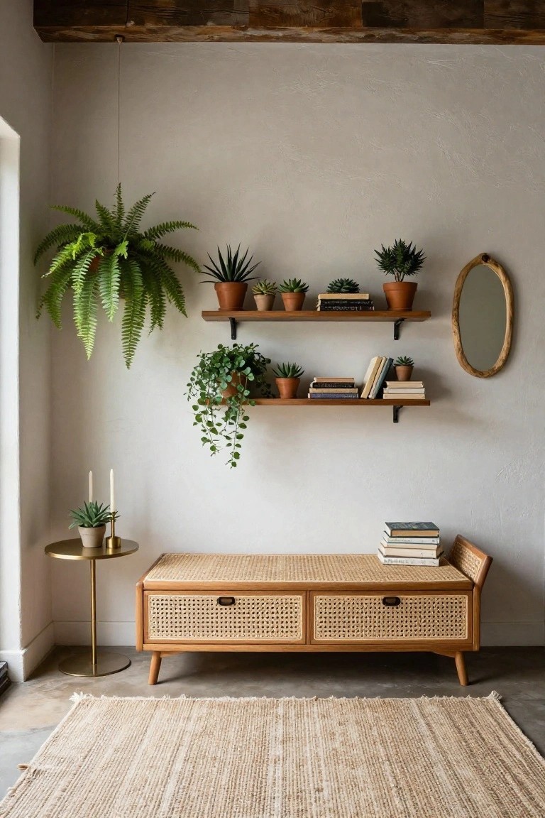 Light room corner with wooden floating shelves holding potted plants, books, and small pots, brass side table with candles and succulent, rattan bench with two woven drawers on angled legs, beige jute rug, oval wood mirror, and hanging fern near window.