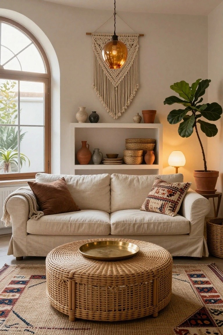 Cozy living room corner featuring a cream slipcovered sofa with pillows and throw, round rattan coffee table with brass tray, macrame wall hanging with amber pendant light, potted plants, shelves with pottery, and patterned rug.