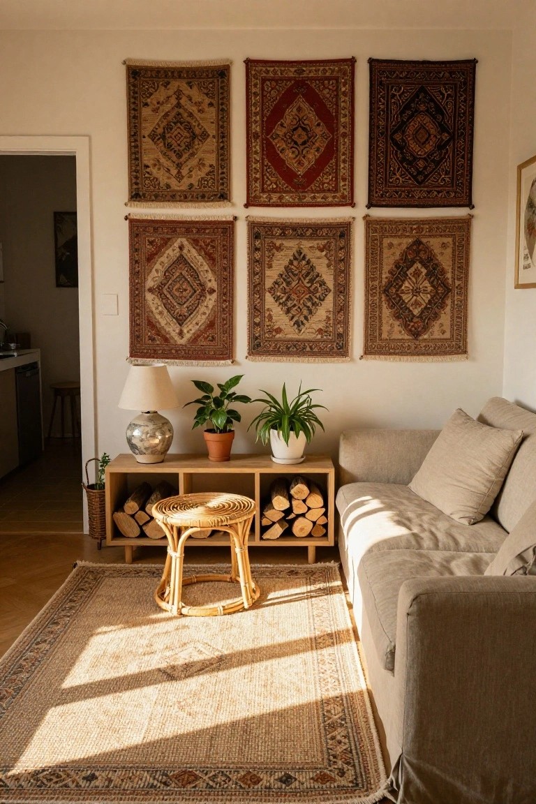 Sunlit living room corner with six patterned woven rugs hung in a grid on white walls above a wood console holding firewood and plants, a rattan stool, and a beige sofa on a jute rug.