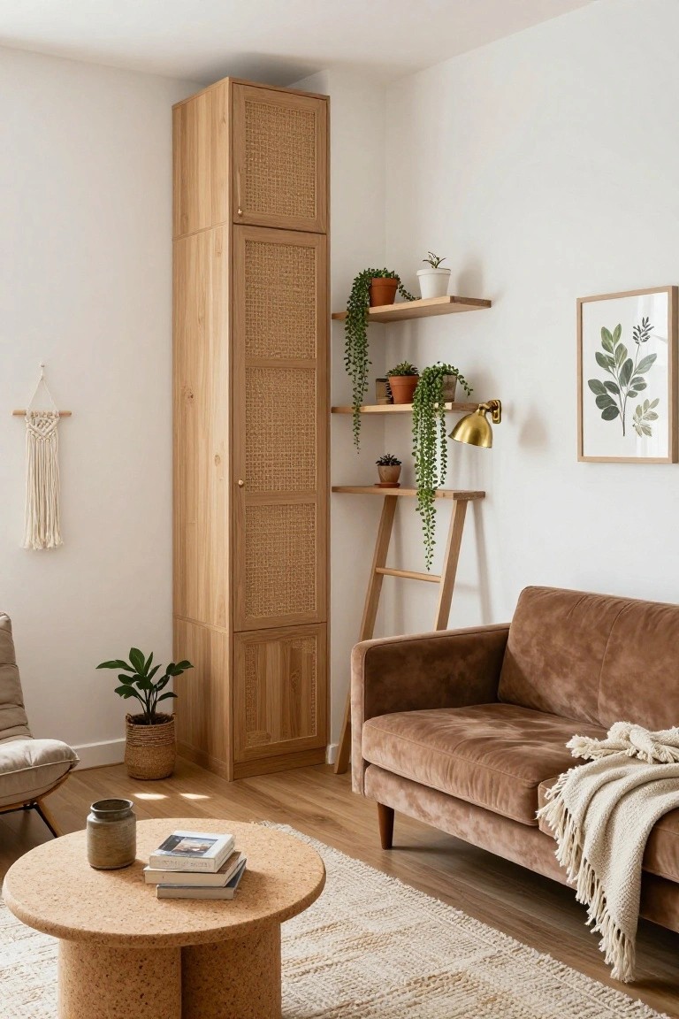 Tall slim wooden wardrobe with rattan doors in a living room corner, surrounded by potted plants on wooden shelves and ladder shelf, next to a brown velvet sofa and round cork coffee table on light wood floors.