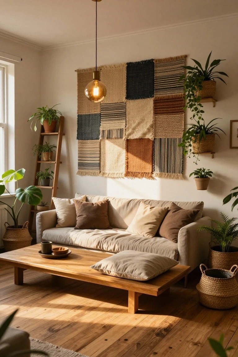 Sunlit small living room with cream sofa, wooden coffee table, woven textile wall hanging, ladder shelf with potted plants, and basket planters on light wood floors.