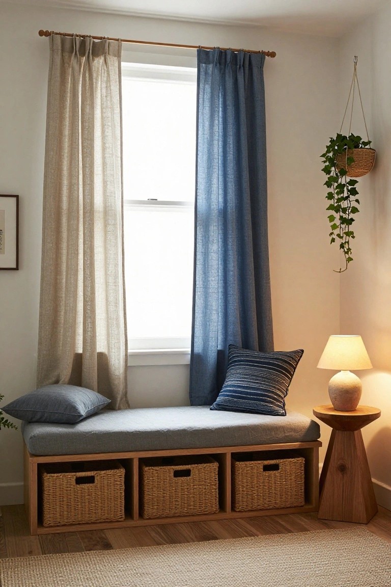 Corner indoor window nook with a wooden bench seat upholstered in gray fabric, three wicker baskets in cubbies underneath, beige and blue curtains on the window, gray and striped pillows, a ceramic lamp on a wooden side table, and a hanging ivy plant.