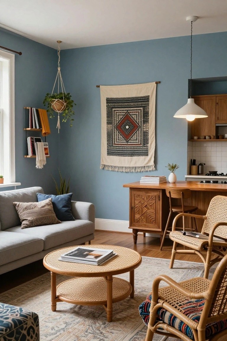Small indoor living room with light blue walls, gray sofa, rattan coffee table and chairs, carved wood desk serving as kitchen counter, hanging plants, woven wall tapestry, and open shelves with books and textiles.