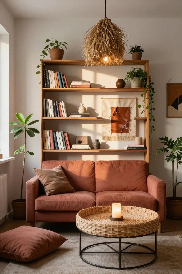 A compact living room with a rust-colored fabric sofa, tall wooden open bookshelves filled with books, potted plants, ceramics, and woven wall hangings, a rattan pendant light overhead, wicker tray table with candle, and floor cushions on a light rug.