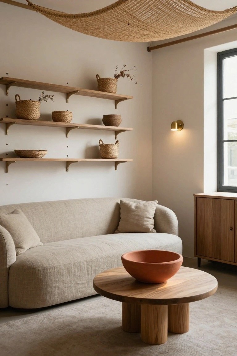 Interior view of a small living room featuring light beige curved sofa, round wooden coffee table with pedestal legs and terracotta bowl, multi-level wooden wall shelves with woven baskets and dried plants, woven ceiling hanging, and a sideboard near a black-framed window.