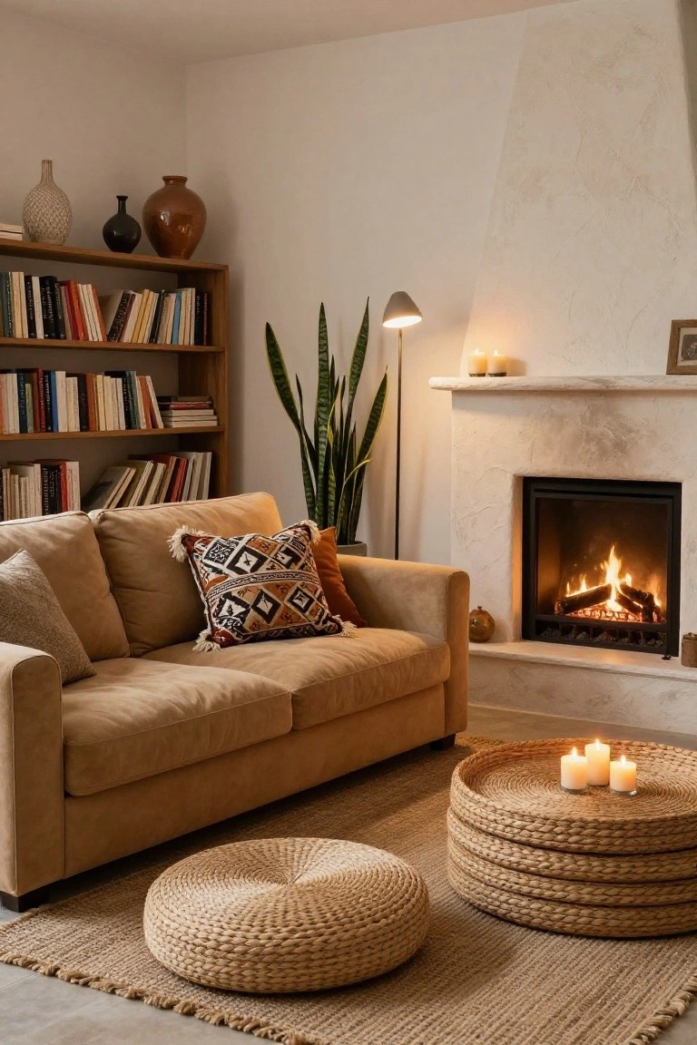 Cozy beige living room with tan sofa, colorful boho pillow, stacked woven poufs holding a tray of candles, snake plant, bookshelves, and lit fireplace on textured white walls.