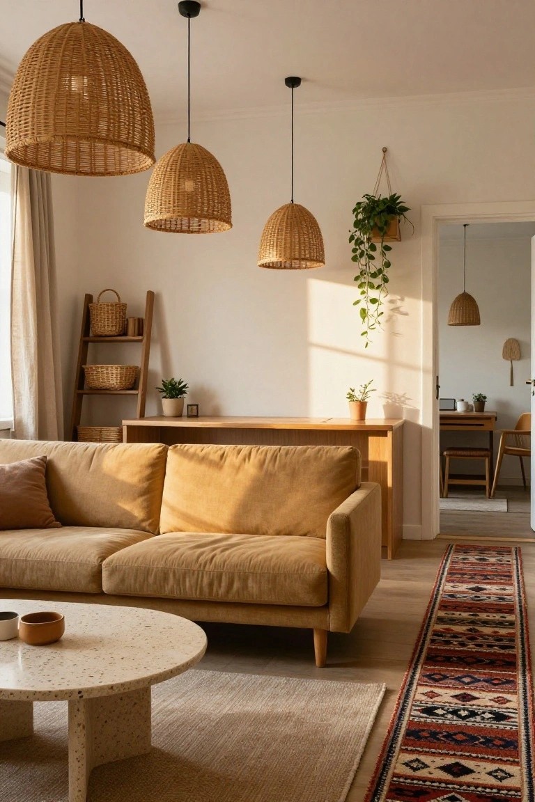 A cozy boho living room featuring multiple large rattan pendant lights suspended over a mustard corduroy sofa, with woven baskets on a wooden ladder shelf, potted plants, a terrazzo coffee table, and a patterned terracotta runner rug on light wood floors.