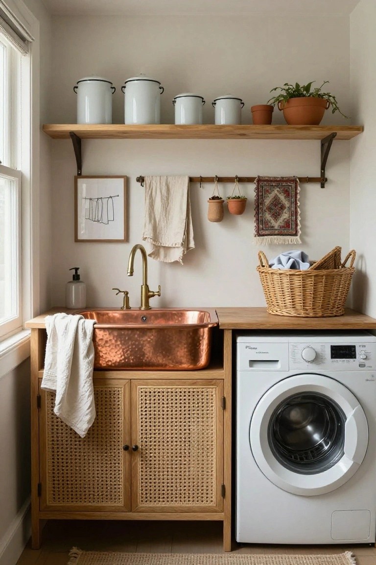 Laundry room interior with hammered copper apron sink in wooden rattan-front cabinet next to white front-loading washer, shelves with white canisters and plants above.