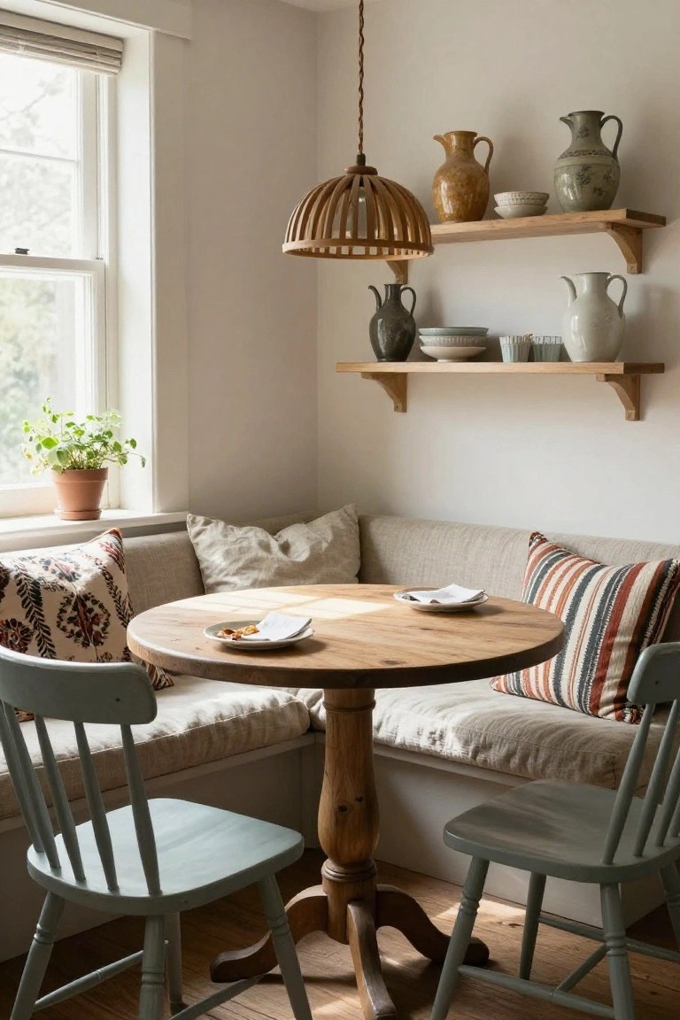 Cozy interior corner dining nook with beige built-in banquette seating, round wooden pedestal table with plates and napkins, two blue wooden chairs, wooden wall shelves displaying pottery jugs and bowls, and a window with potted plant.