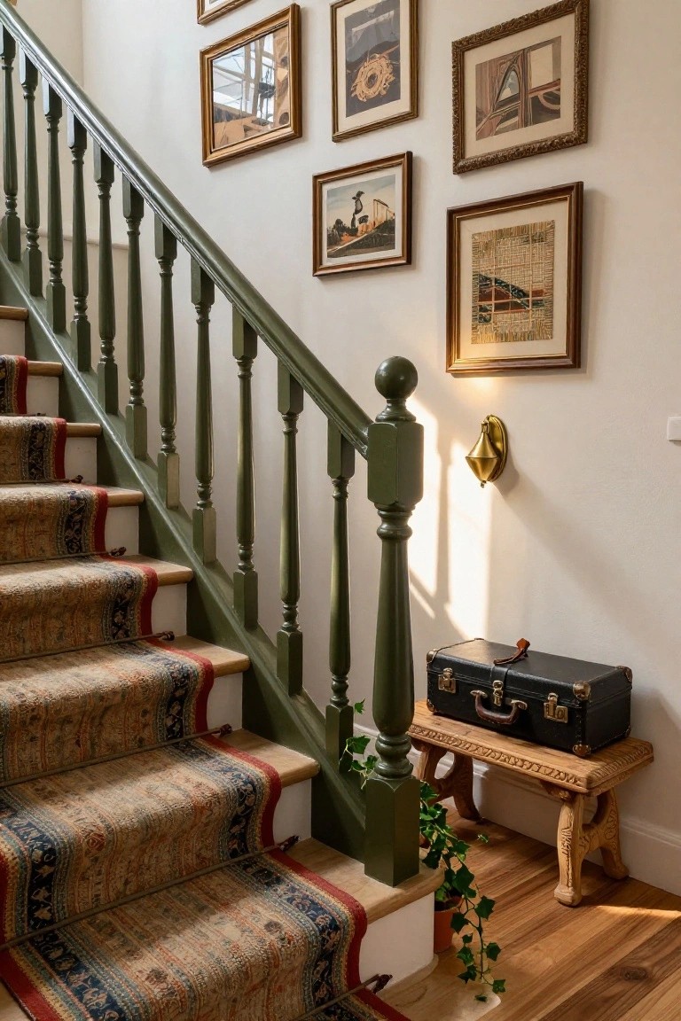 Staircase interior with dark green painted balustrade and newel posts, red and blue patterned carpet runner on wood steps, assorted gold-framed artworks on white walls, brass wall light, ivy plant, and black leather suitcase on carved wooden stool at base.