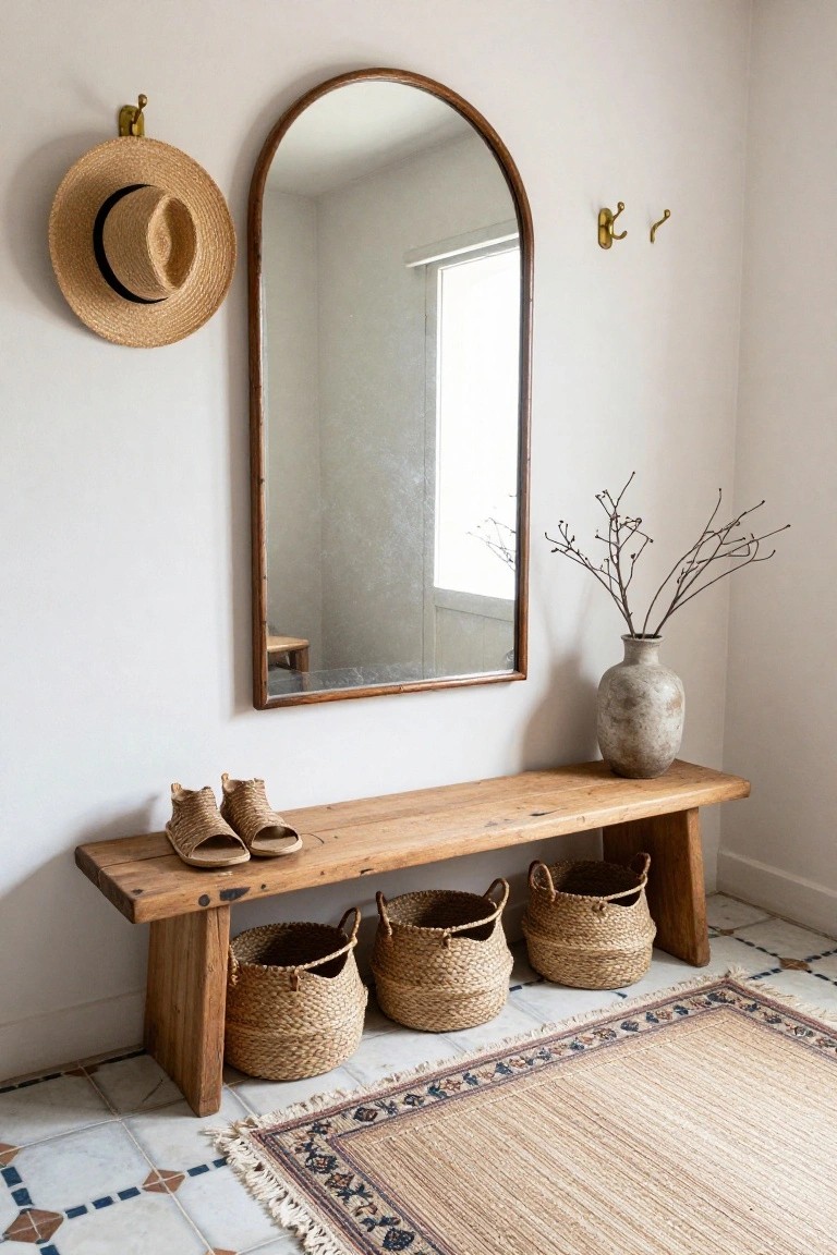 White entryway with arched wooden mirror on wall, straw hat on hook, wooden bench holding two pairs of woven wedge sandals, three seagrass baskets underneath, ceramic vase with branches, and patterned rug on tiled floor.