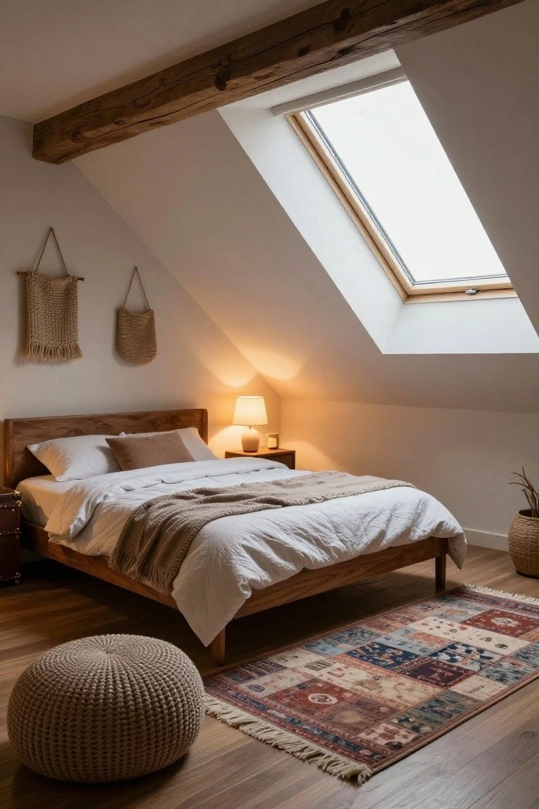 Attic bedroom with sloped white ceiling and exposed dark wooden beams, large skylight, wooden bed frame with white sheets tan throw and pillows, bedside table with lamp, two woven wall hangings, wicker basket plant, beige pouf, and multicolored patterned rug on light wood floor