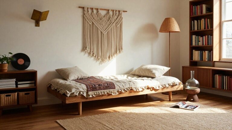 Light beige living room corner with wooden futon sofa covered in white linen cushions and a multicolored patterned throw, wooden shelves with baskets and books, potted plants, rattan floor lamp, macrame wall hanging, and wicker baskets on hardwood floor.