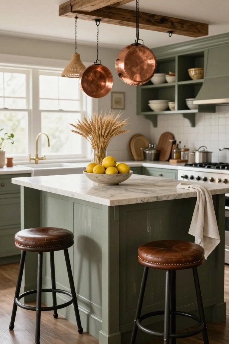 Kitchen island with sage green cabinets, white marble countertop, brown leather barstools, copper pots hanging from a wooden beam overhead, bowl of lemons on counter, and wheat stalks nearby.